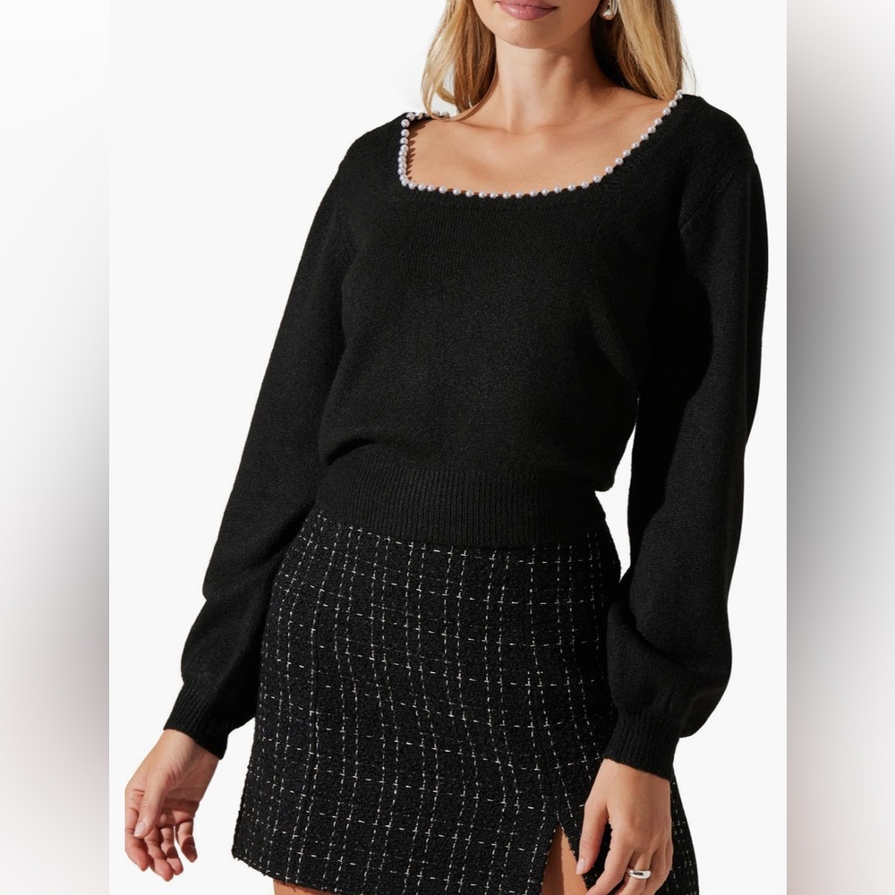 Astr the Label Black Imitation Pearl Trim Square Neck Sweater